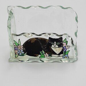 Vtg Tiffany Cats Hand Painted Glass Card Holder By Joan Baker